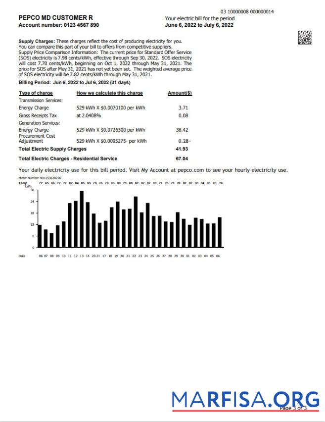 Printable USA Maryland Pepco utility bill, Word and PDF template, 3 pages 3